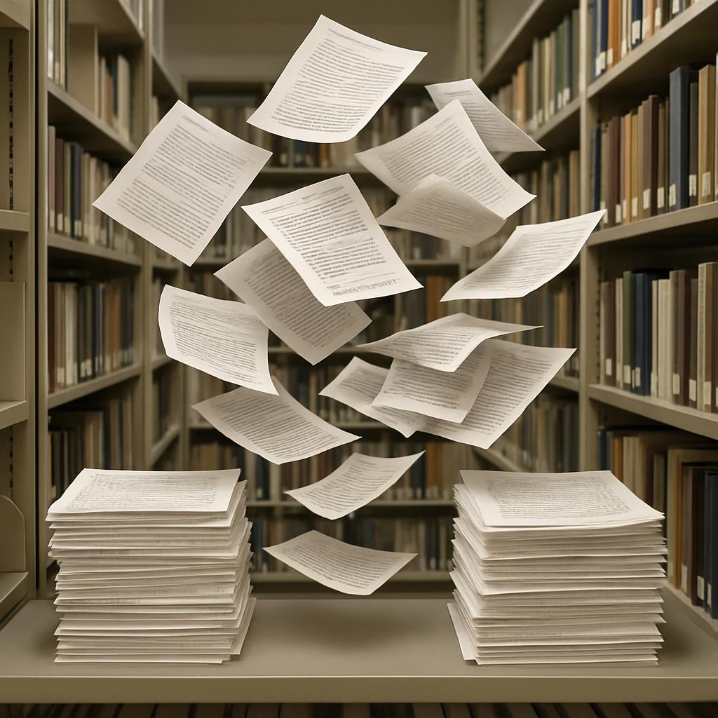 Livros e papéis representando pesquisa, escrita e circulação do conhecimento